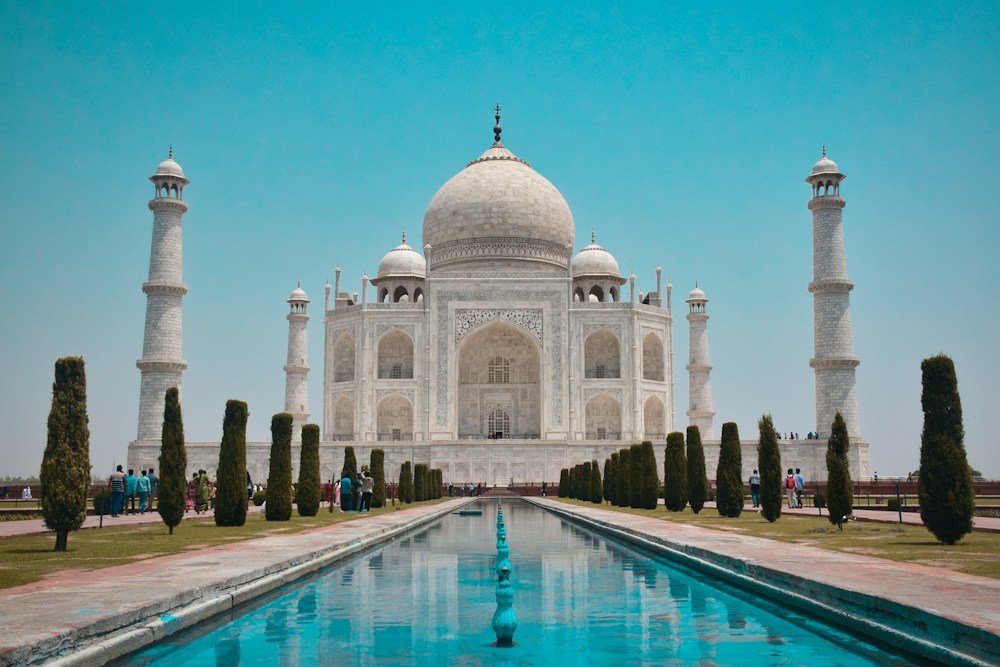 Taj Mahal framed by gardens in Agra
