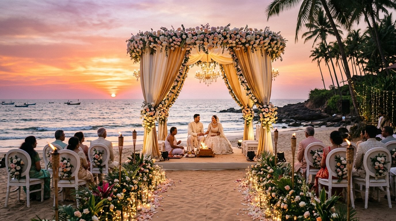 Sunset beach wedding mandap in Goa